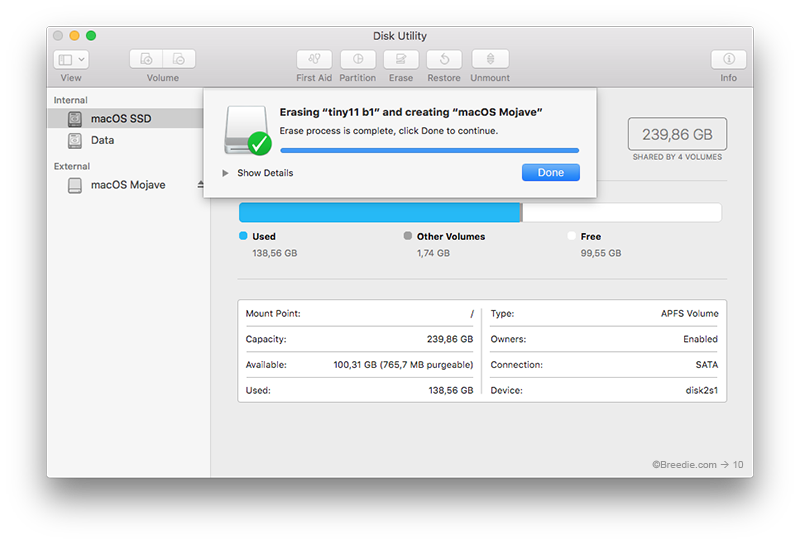 macOS Disk Utilities erase flash drive progress done.