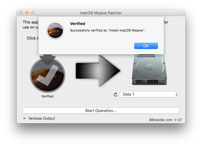 macOS Mojave Patcher installer use on unsupported Macs successfully verified as Install macOS Mojave.