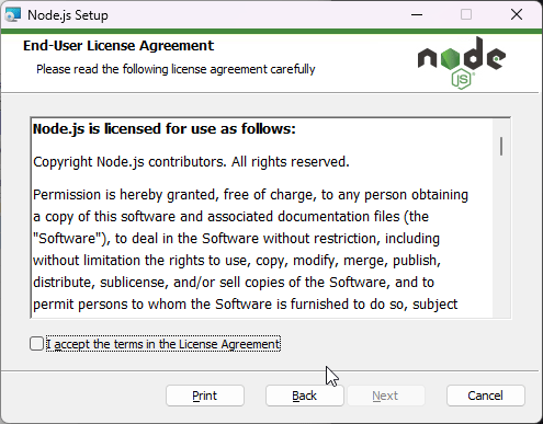 Nodejs Setup - end user license agreement