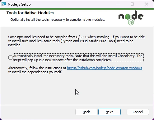 Nodejs setup - Tools for Native Modules